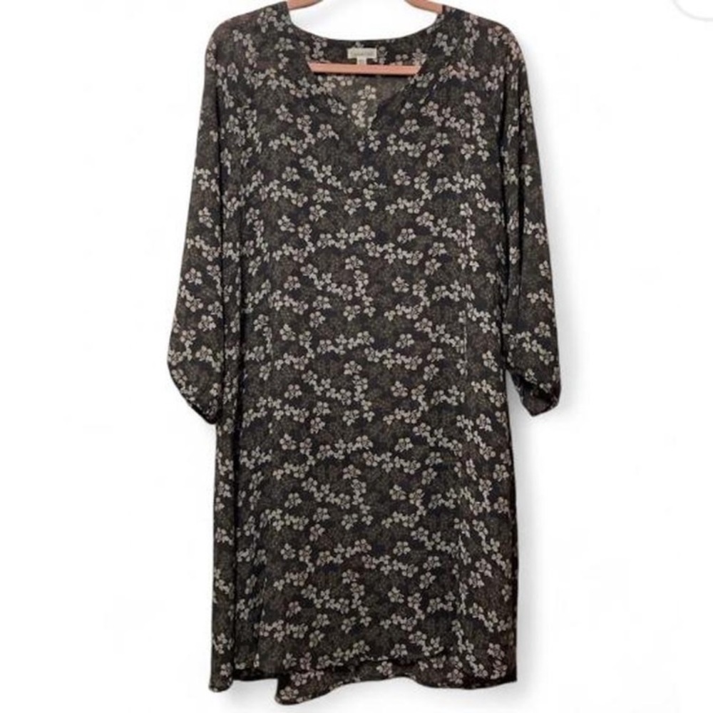 Garnet Hill 100% Silk Floral Print Long Sleeve Shift Dress